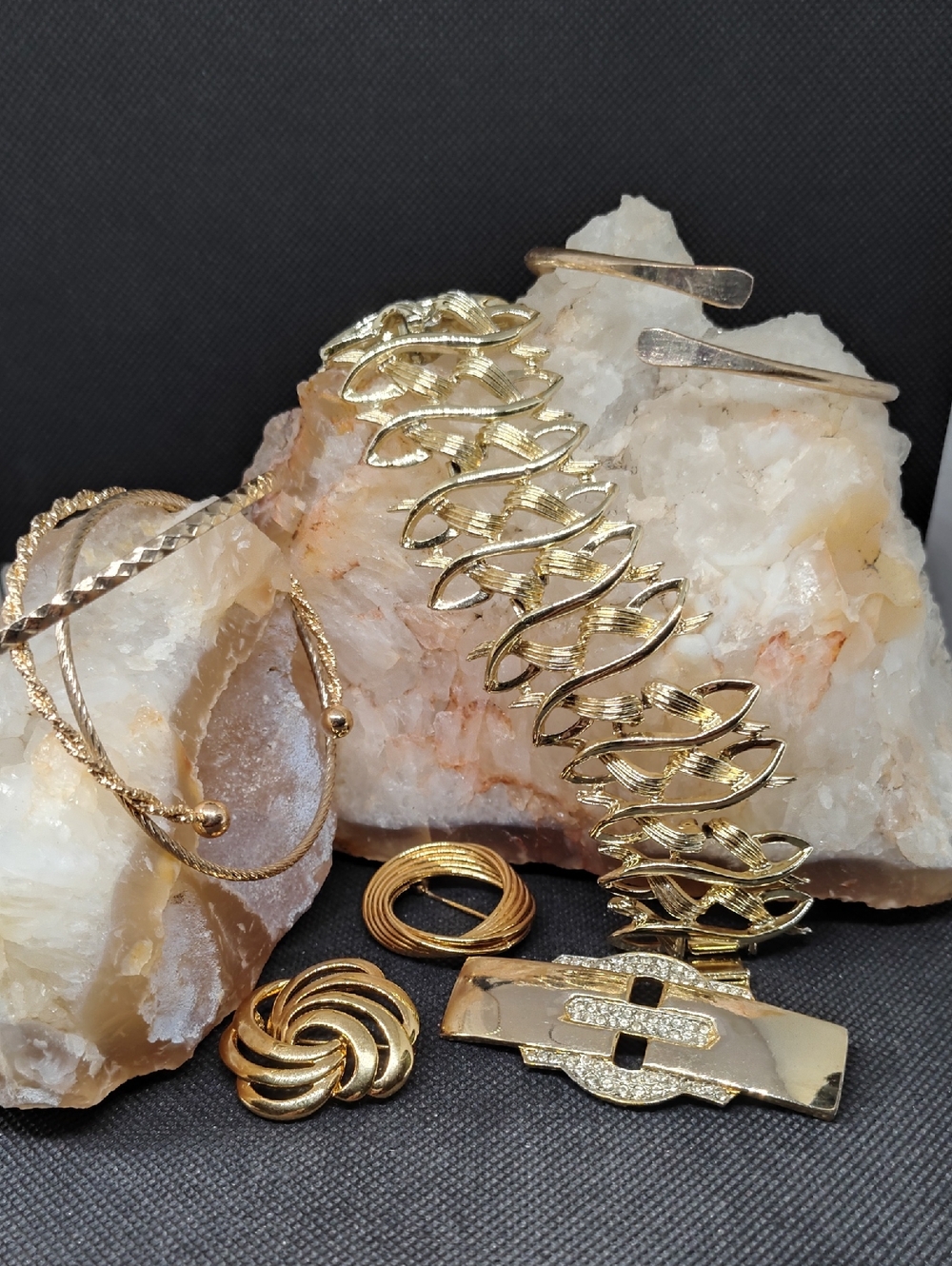 Vintage Bold Gold Tone - Womens Jewelry Lot. Three Brooches, Five Bracelets.